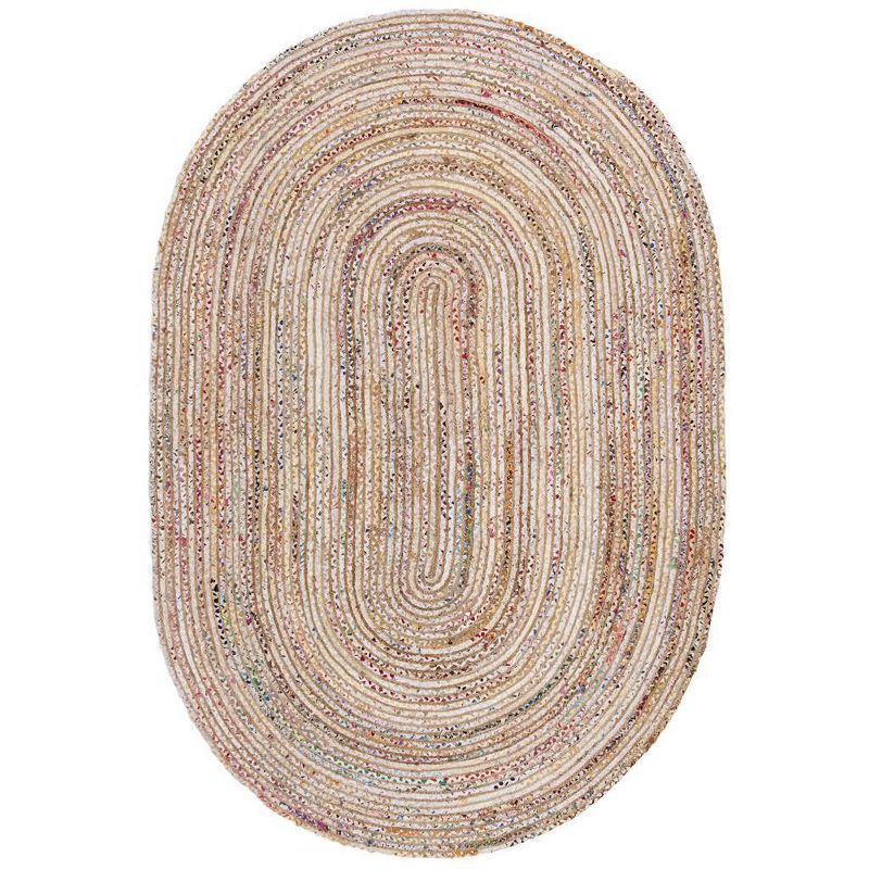 Beige and Multi Oval 4' x 6' Wool Cotton Handwoven Rug