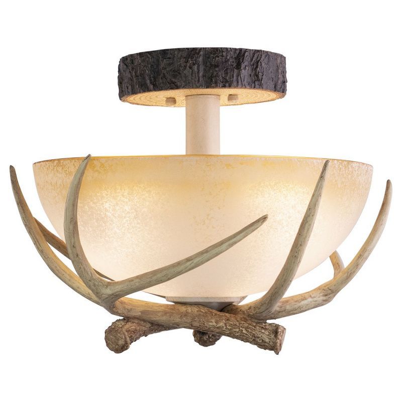 Rustic Antler 16" Cream Glass Semi Flush Mount Ceiling Light