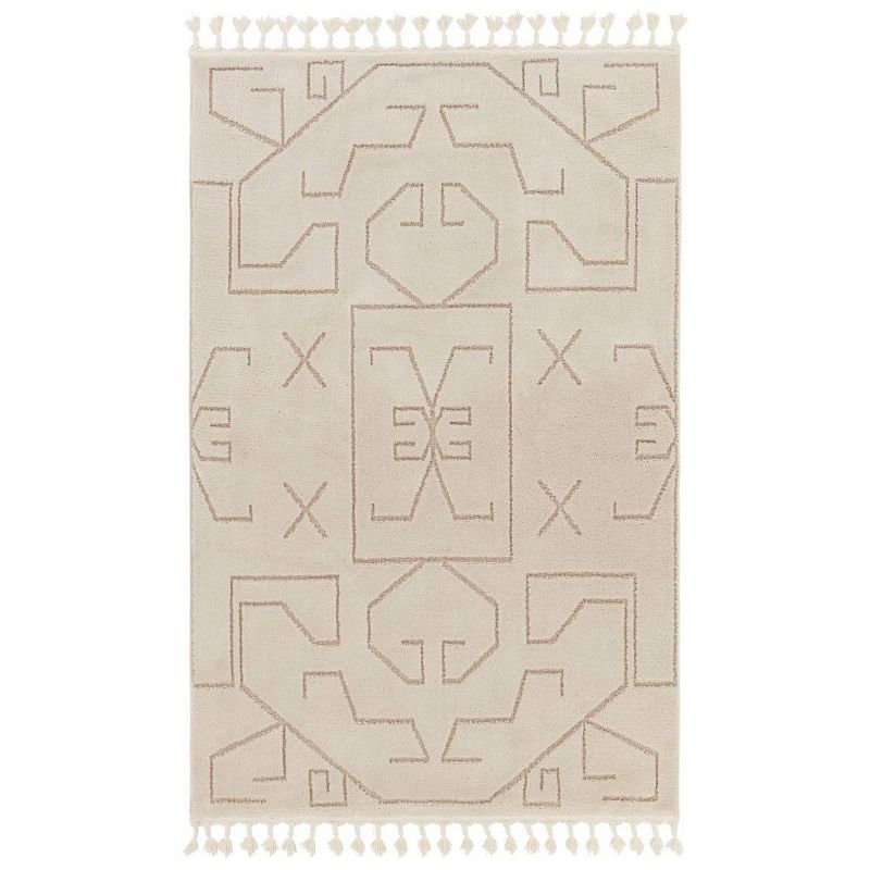 Ivory and Beige Geometric Braided Fringe Runner Rug - Handmade Shag Design