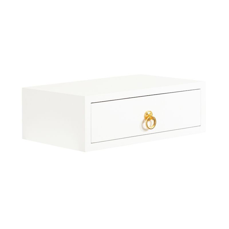 White and Gold Floating Wood Side Table with Drawer