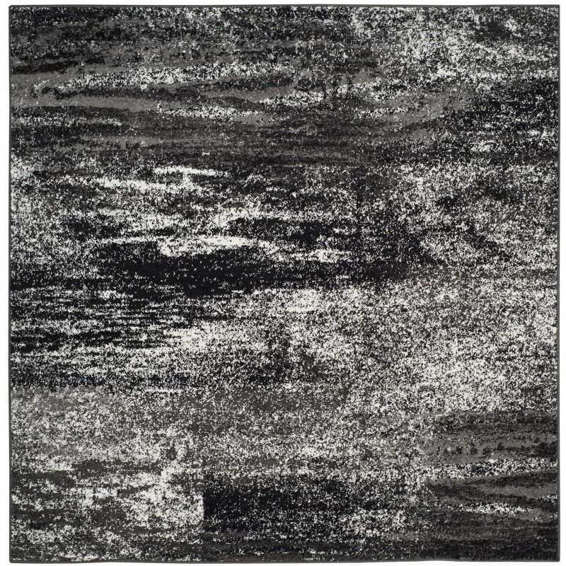 Modern Abstract Black and Silver 8' Square Synthetic Area Rug