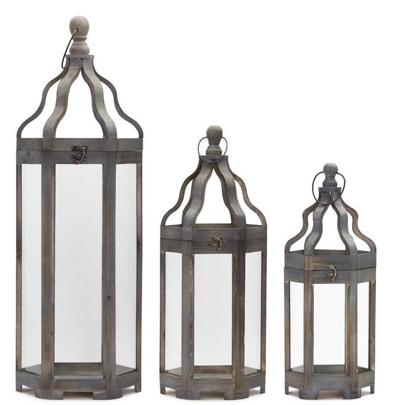 Rustic Wood and Iron Hanging Candle Lantern Set