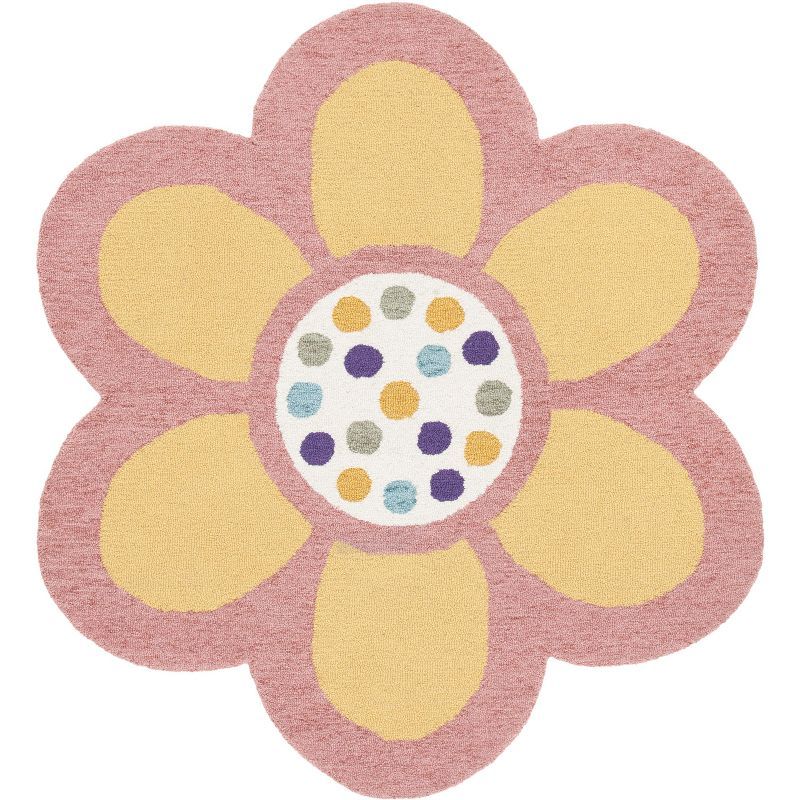 Handmade Pink & Yellow Round Wool Accent Rug - 5ft Diameter