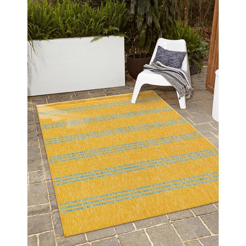 Yellow and Aqua Striped Outdoor Rectangular Rug 4' x 6'