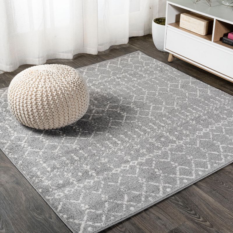 Ivory and Gray Moroccan Trellis 5' Square Synthetic Area Rug