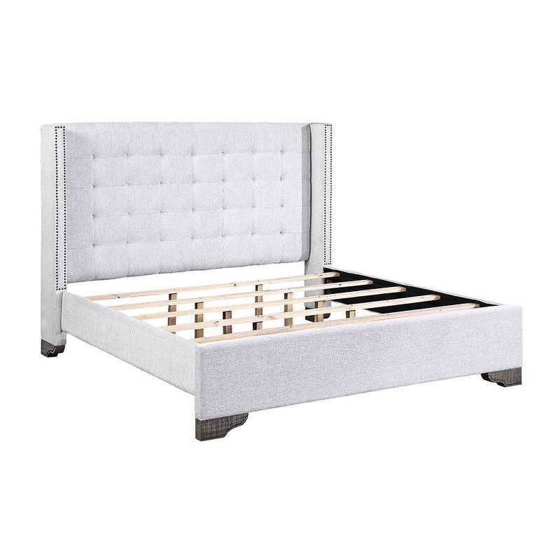 90" King Bed with Gray Upholstered Headboard and Wood Frame
