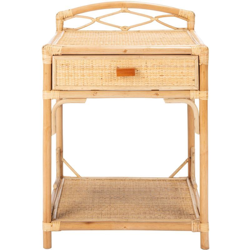 Natural Wood and Rattan Coastal Nightstand with Drawer