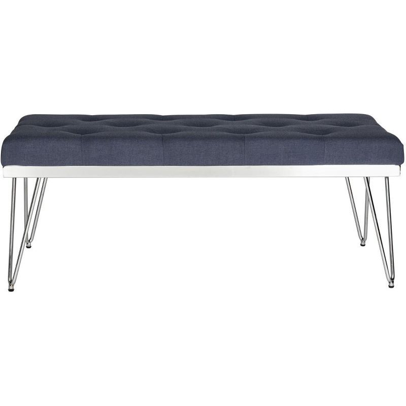 Navy Linen Upholstered Bench with Chrome Hairpin Legs