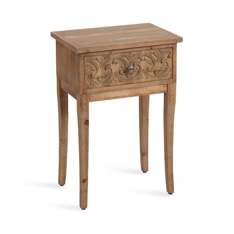 Hazelnut Rustic Wood Side Table with Carved Drawer