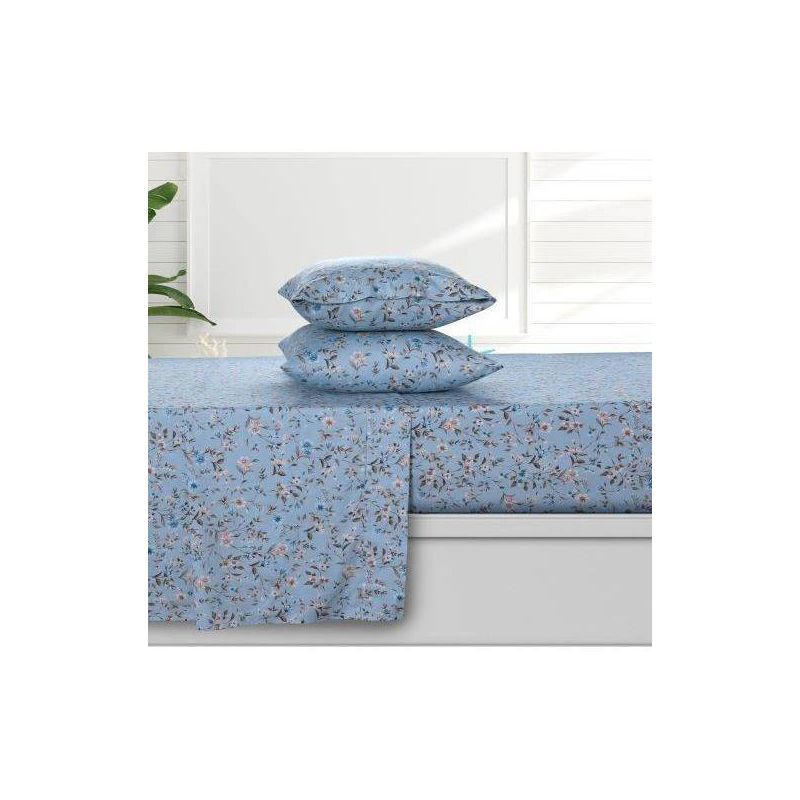 Twin Blue Organic Cotton Floral Deep Pocket Sheet Set