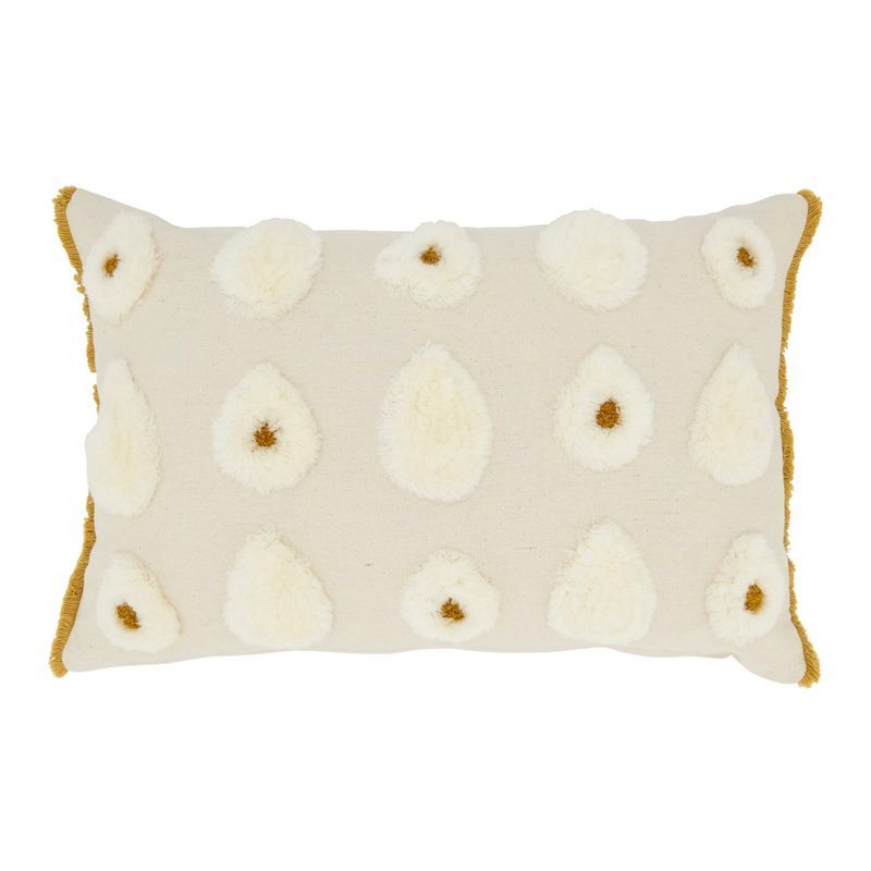 Dreamy Pom Pom Off-White Cotton Down Throw Pillow, 12"x18"