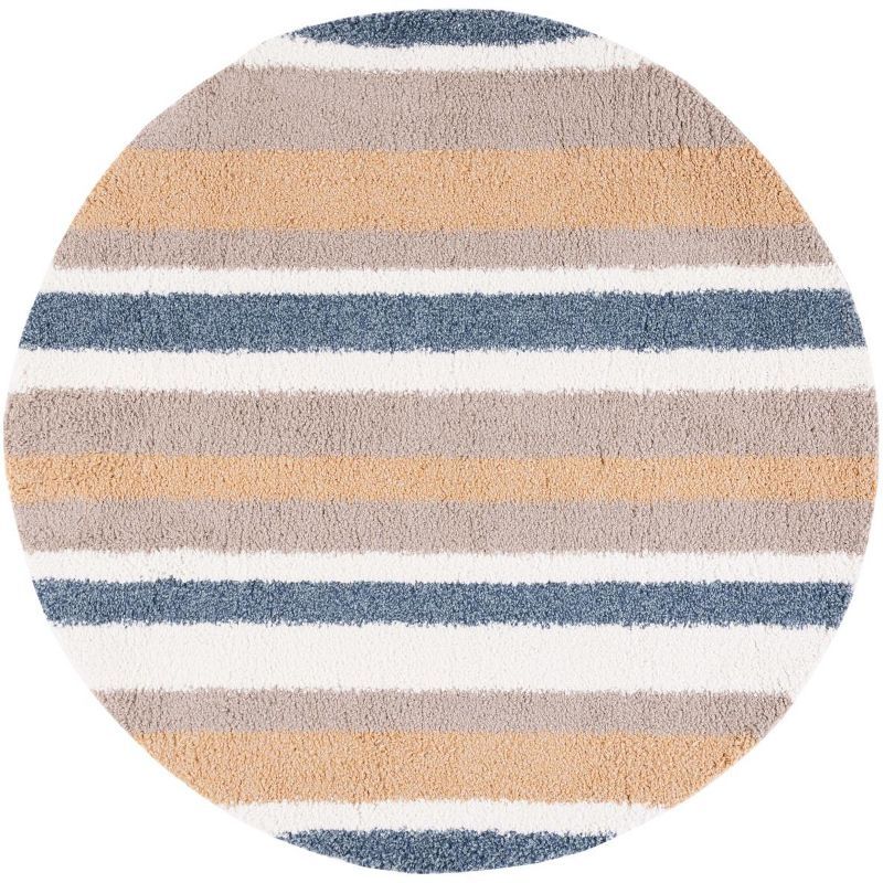 Taupe and Ivory Striped Round Shag Area Rug, 6'7"