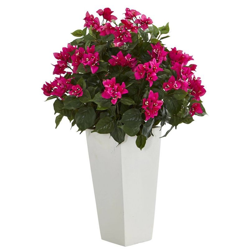 Brilliant Blooms Bougainvillea Silk Arrangement in White Tower Planter