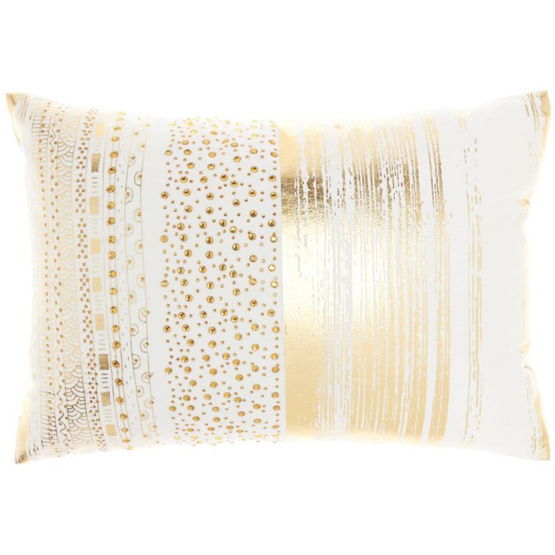 Gold and White Embroidered Lumbar Pillow with Metallic Stripes