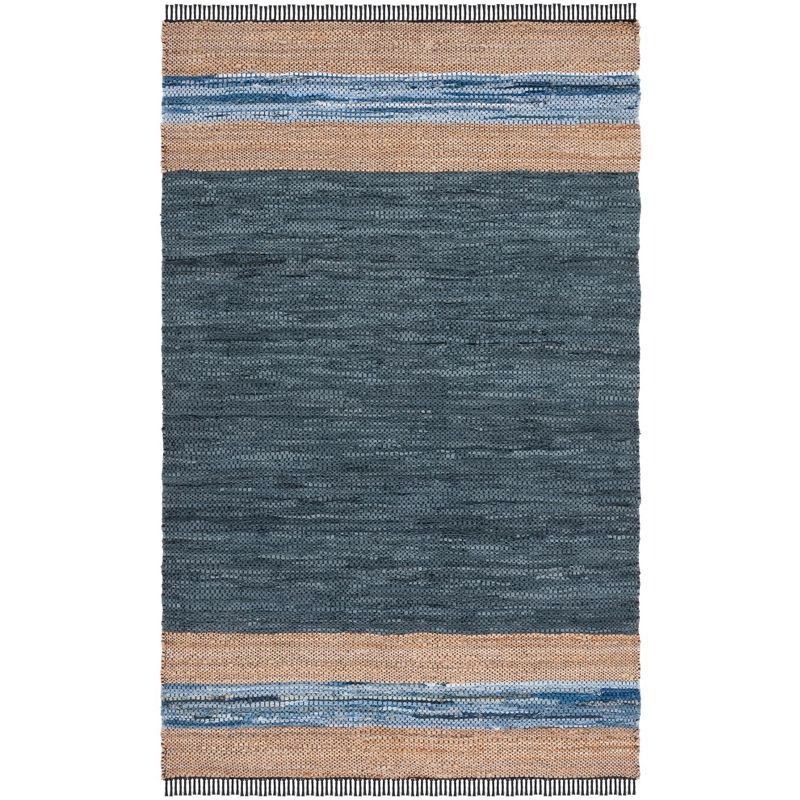 Handmade Blue and Natural Cotton Cowhide Striped 8' x 10' Area Rug