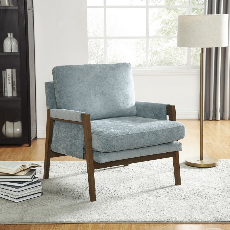 Mid-Century Modern Blue Velvet and Wood Accent Chair