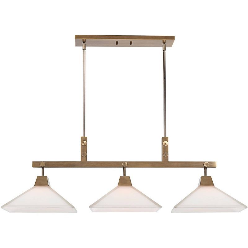 Aged Brass 3-Light Linear Chandelier with Frosted Glass Shades