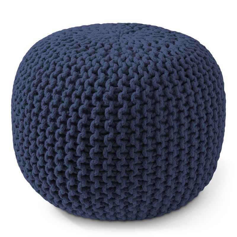 Navy Blue Cotton Knit Round Pouf Ottoman, 20" Diameter