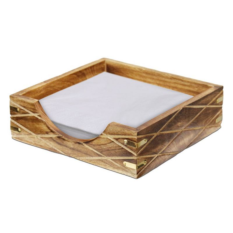 Rustic Mango Wood Tabletop Napkin Holder with Brass Accents