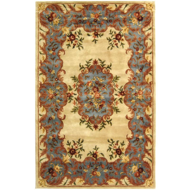 Ivory and Light Blue Rectangular Hand-Tufted Wool Area Rug