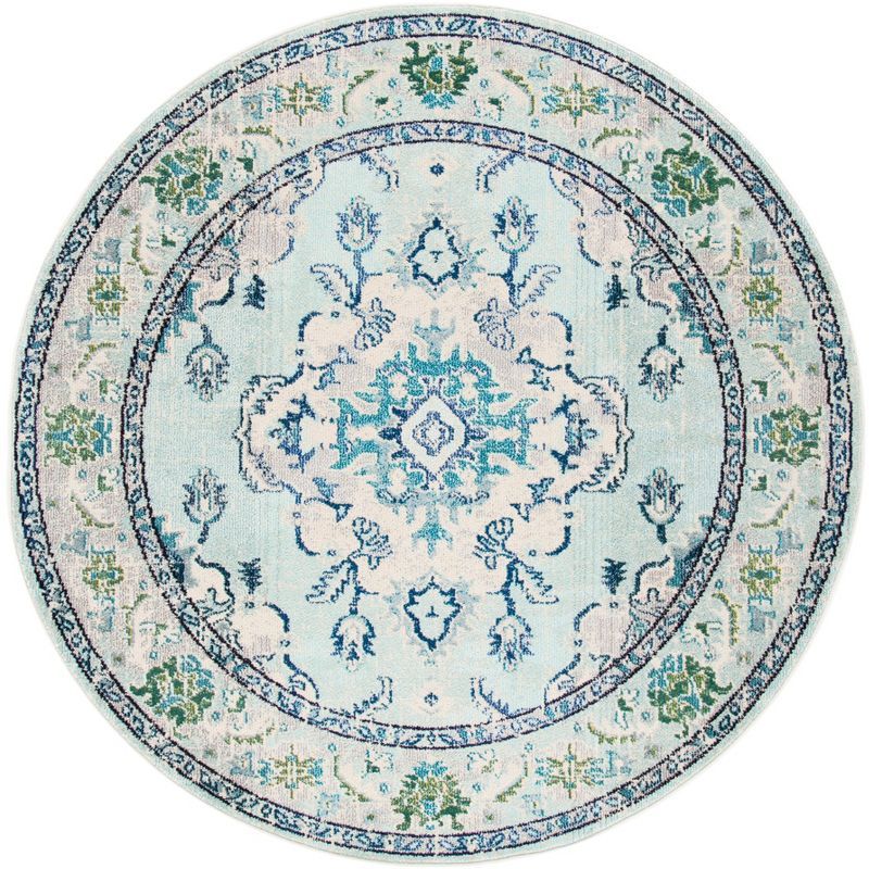 Ivory and Light Blue Round Medallion Synthetic Area Rug