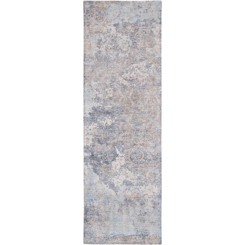 Handmade Blue and Ivory Wool and Viscose Runner Rug