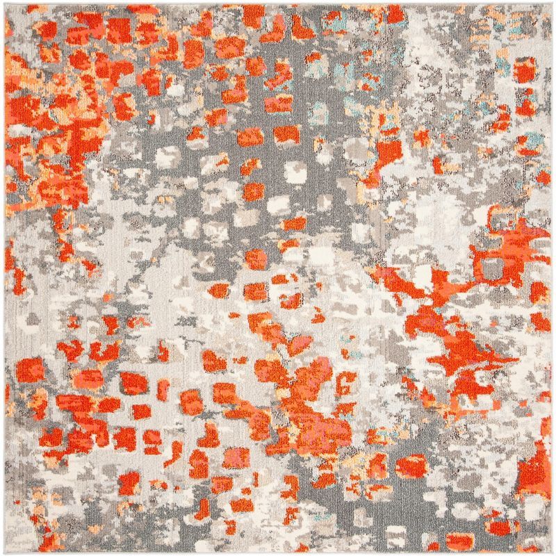 Grey and Orange Abstract Square Synthetic Area Rug