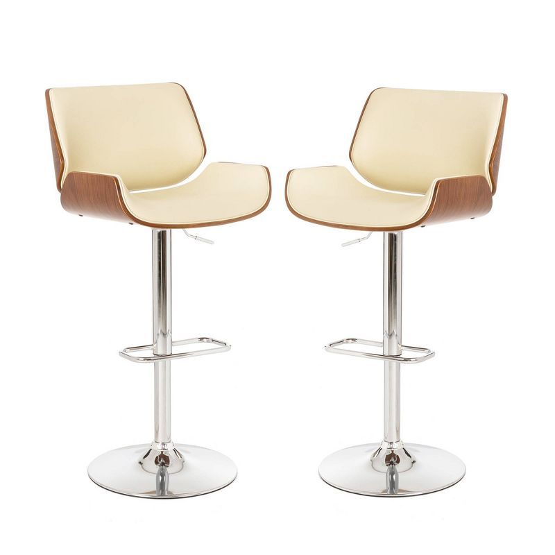 Beige Faux Leather Adjustable Swivel Bar Stools with Walnut Veneer