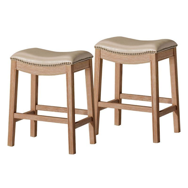 Weathered Oak Backless Saddle Bar Stools with Vegan Leather, Set of 2