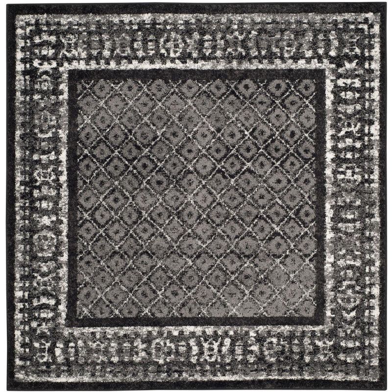 Black and Silver Square Patterned Synthetic Rug