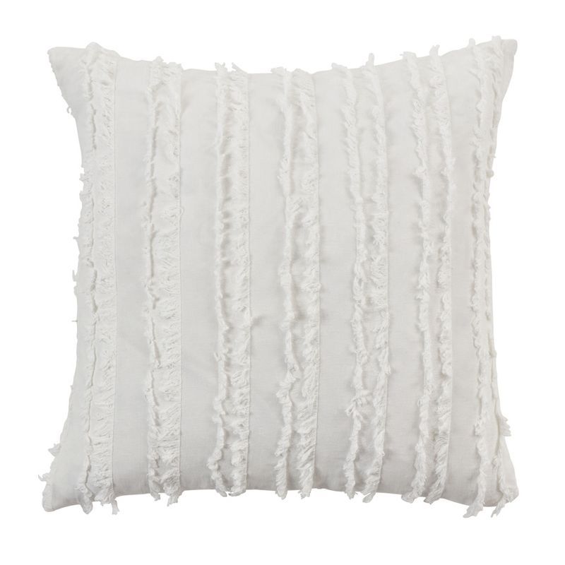 White Cotton Linen Fringe Stripe Throw Pillow