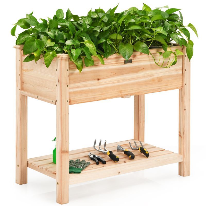 Natural Fir Wood Raised Garden Bed with Bottom Shelf