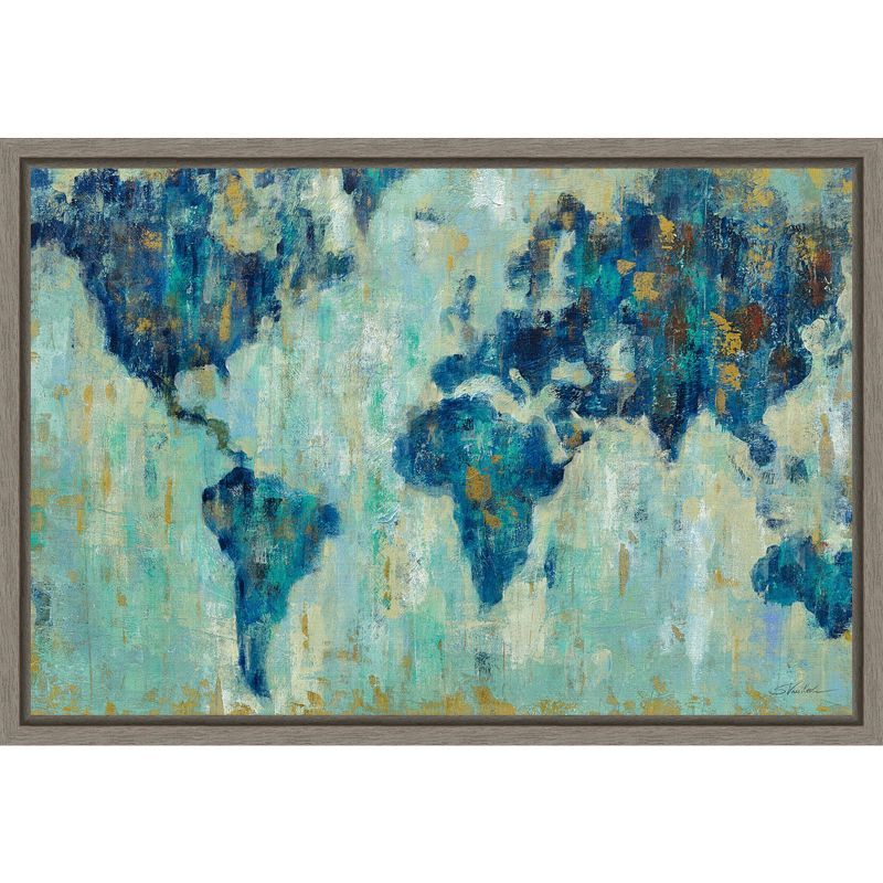 Impressionist Blue and Gold World Map Canvas Print with Gray Frame