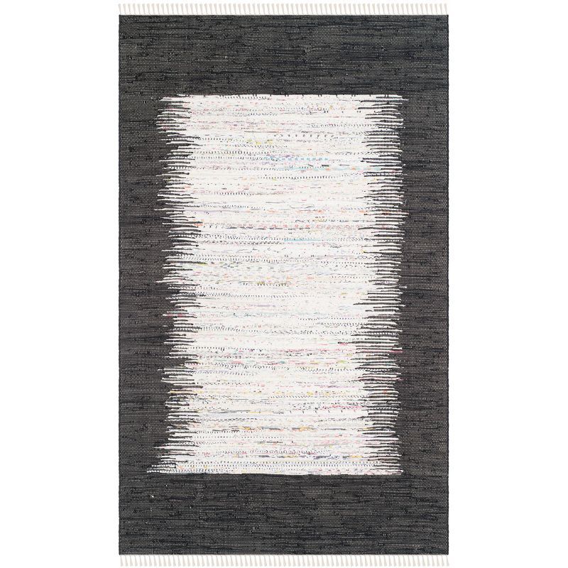 Ivory and Black Handwoven Wool Cotton Area Rug 4' x 6'