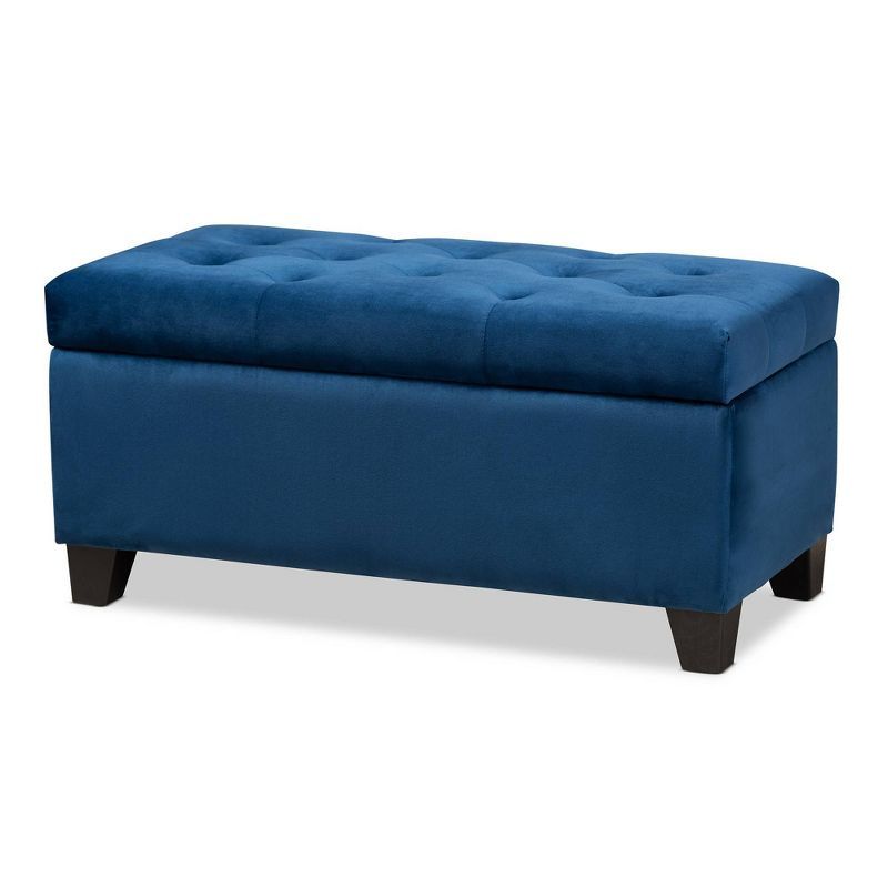 Navy Blue Velvet Tufted Storage Ottoman with Black Wooden Legs