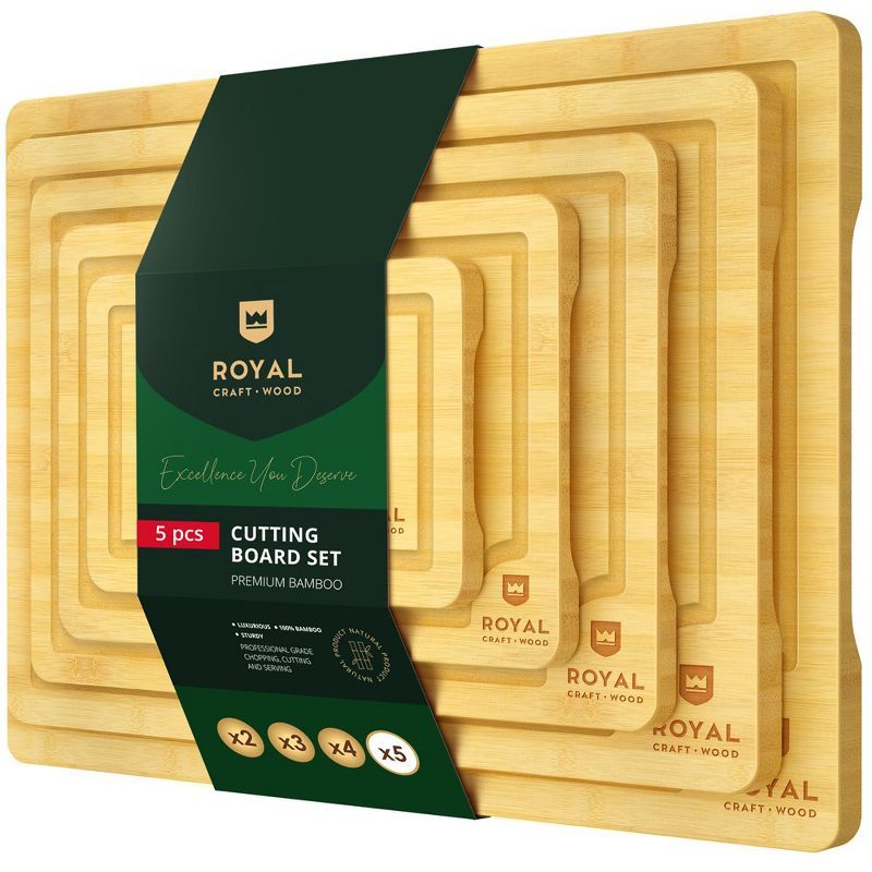 Premium Bamboo Cutting Board Set with Juice Groove and Handles, 5 Pieces