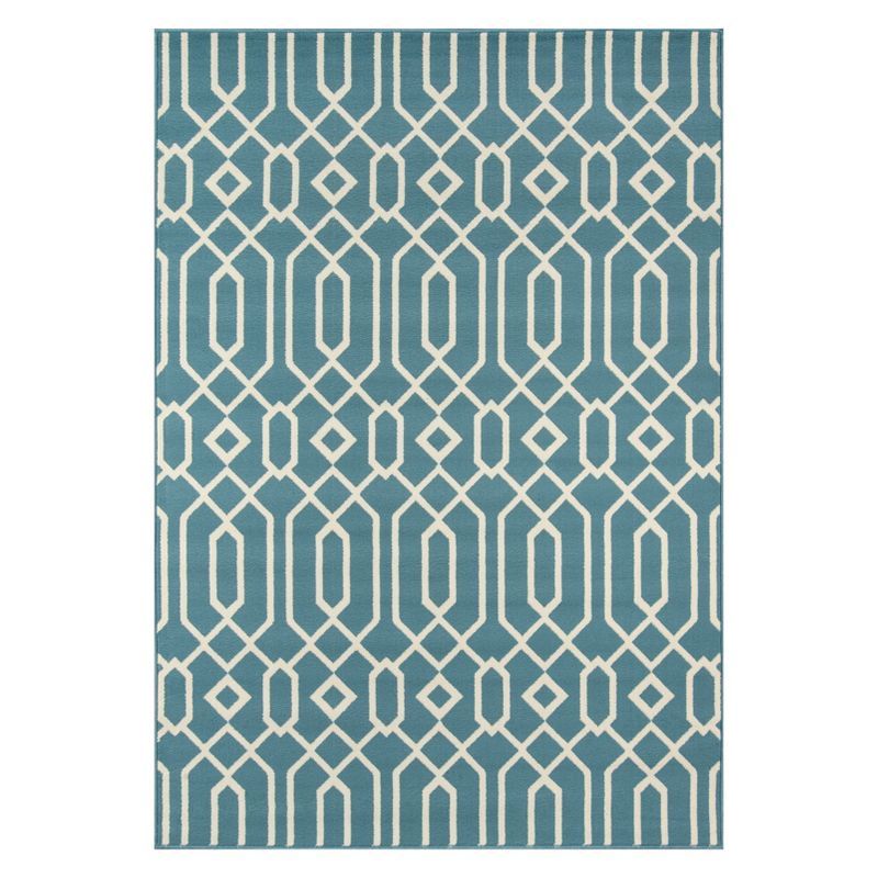 Blue and White Reversible Synthetic Indoor/Outdoor Rug