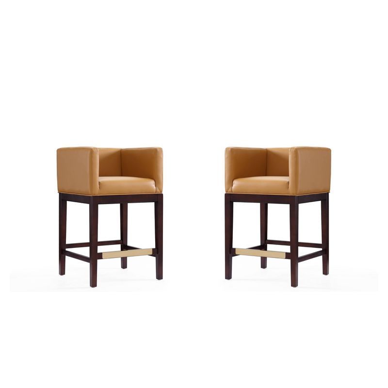 Set of 2 Camel Faux Leather and Walnut Wood Counter Stools