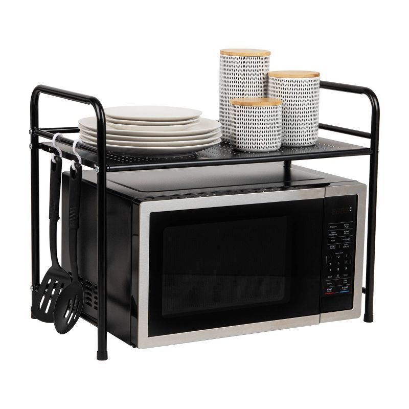 Black Metal Microwave Stand with Hooks and Shelf