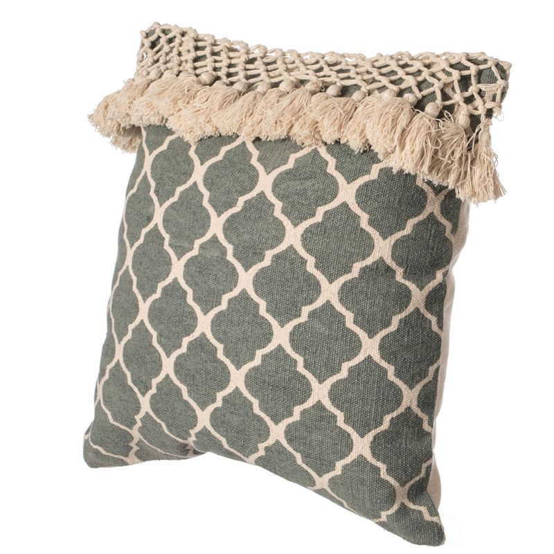 Handwoven Green Cotton Throw Pillow with Tasseled Trim