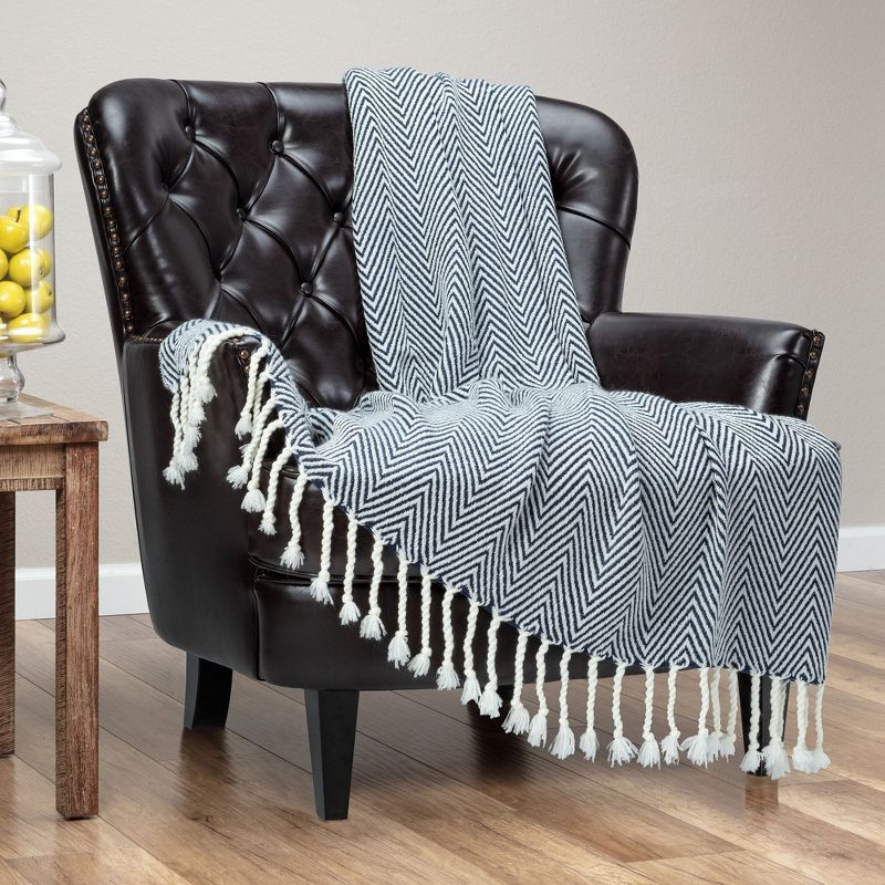 Navy and White Chevron Knitted Acrylic Throw Blanket with Tassels