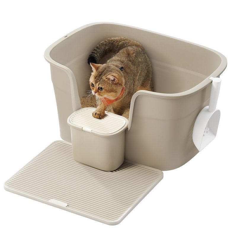 Feandrea Extra Large Beige Polypropylene Cat Litter Box with Storage