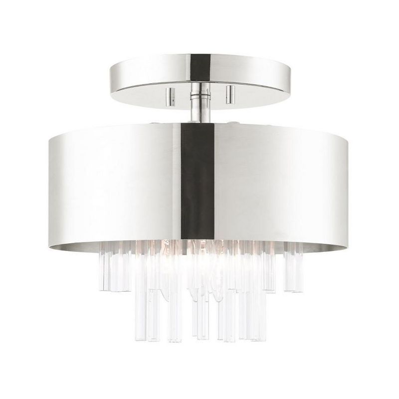 Polished Nickel 3-Light Indoor/Outdoor Drum Ceiling Fixture with Crystal Rods