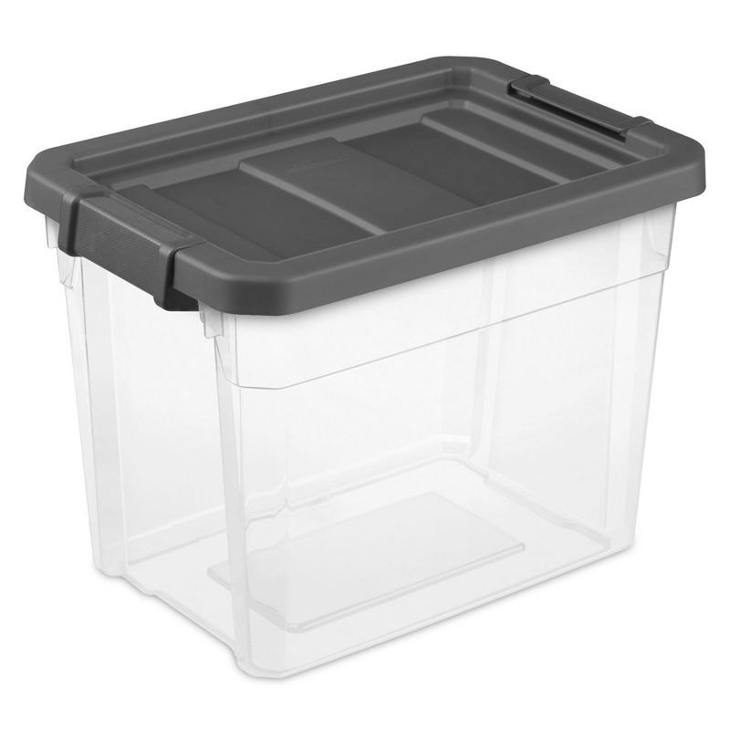 Clear Plastic Stackable Storage Bin with Gray Latching Lid, 30 Quart