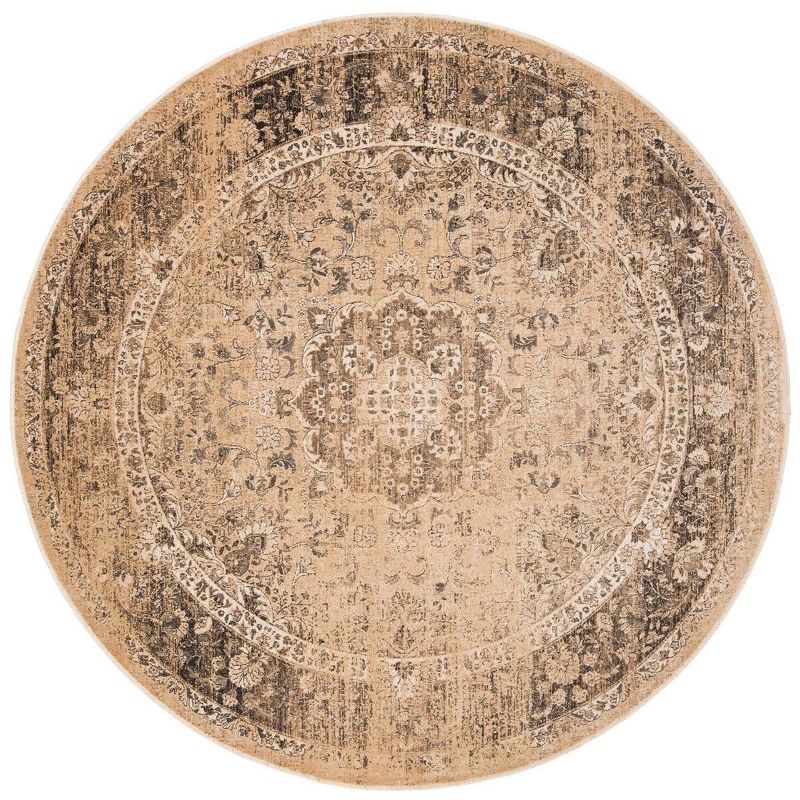 Vintage Warm Beige Floral Round Wool Area Rug