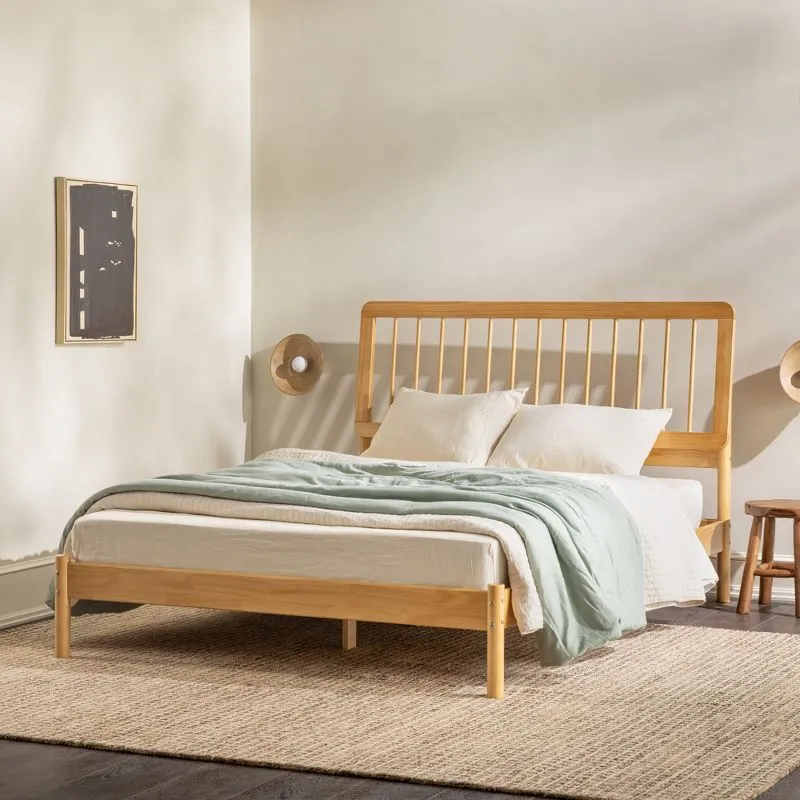 Natural Pine Queen Mid-Century Modern Spindle Bed Frame