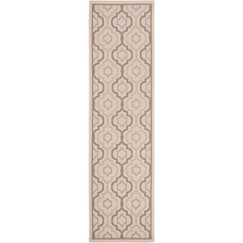 Beige and Aqua Geometric Pattern Outdoor Runner Rug