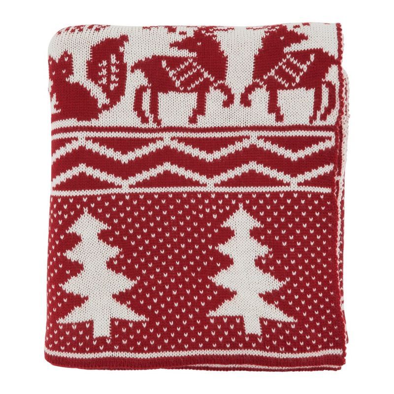 Red and White Reindeer Christmas Tree Knit Throw Blanket