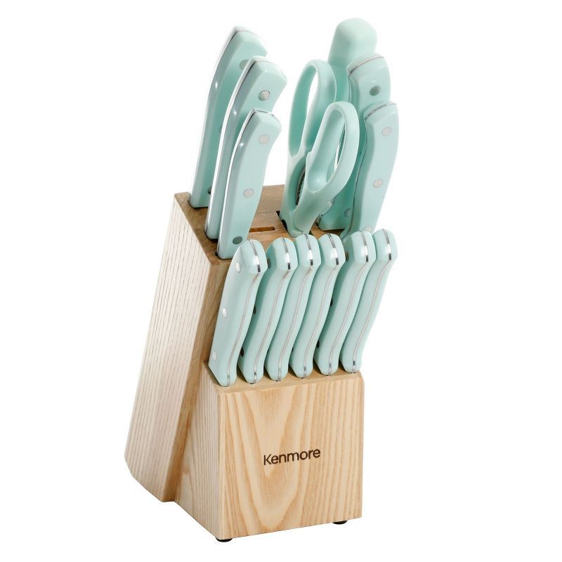 Kenmore Kane 14-Piece Glacier Blue Stainless Steel Cutlery Set with Rubber Wood Block