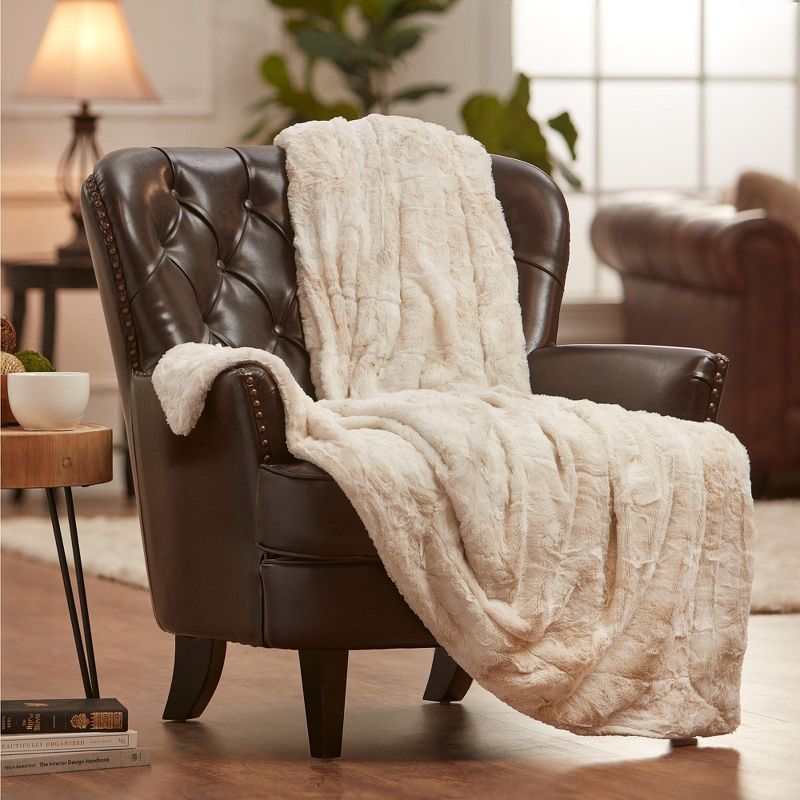 Luxurious Beige Faux Fur Reversible Sherpa Throw Blanket